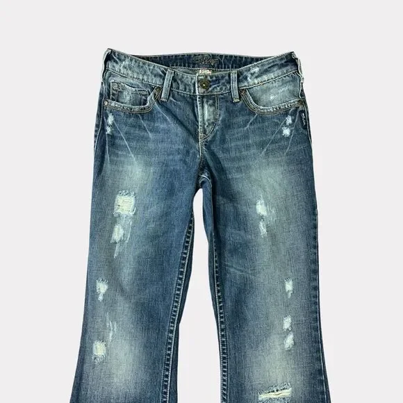 Silver Jeans Womens  28x32 Blue Aiko Flare Distressed‎ Whiskered Stretch Denim - Picture 10 of 16